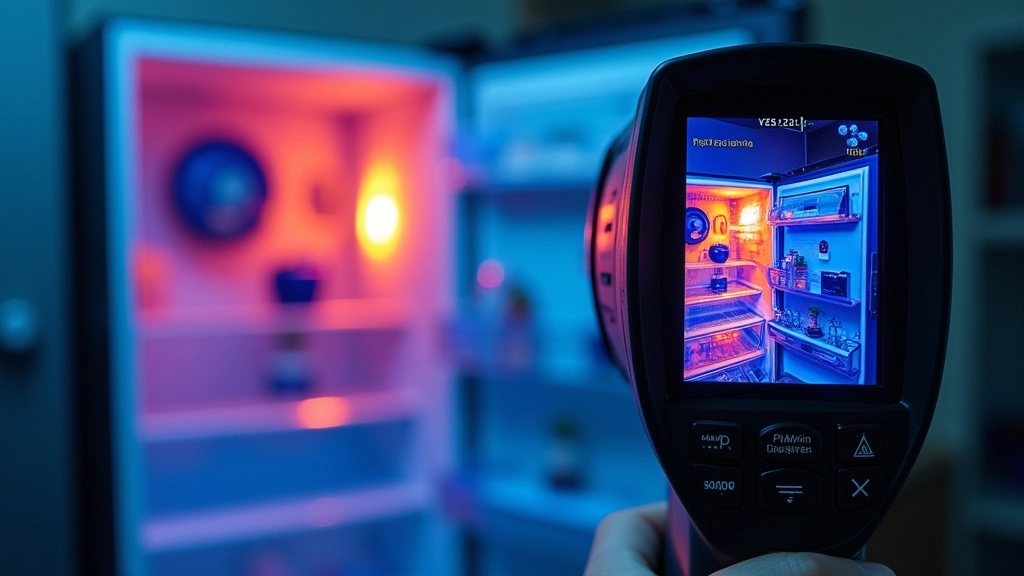 Thermal imaging camera displaying heat signature of refrigerator compressor and coils, showing color-coded temperature zones in professional diagnostic setting