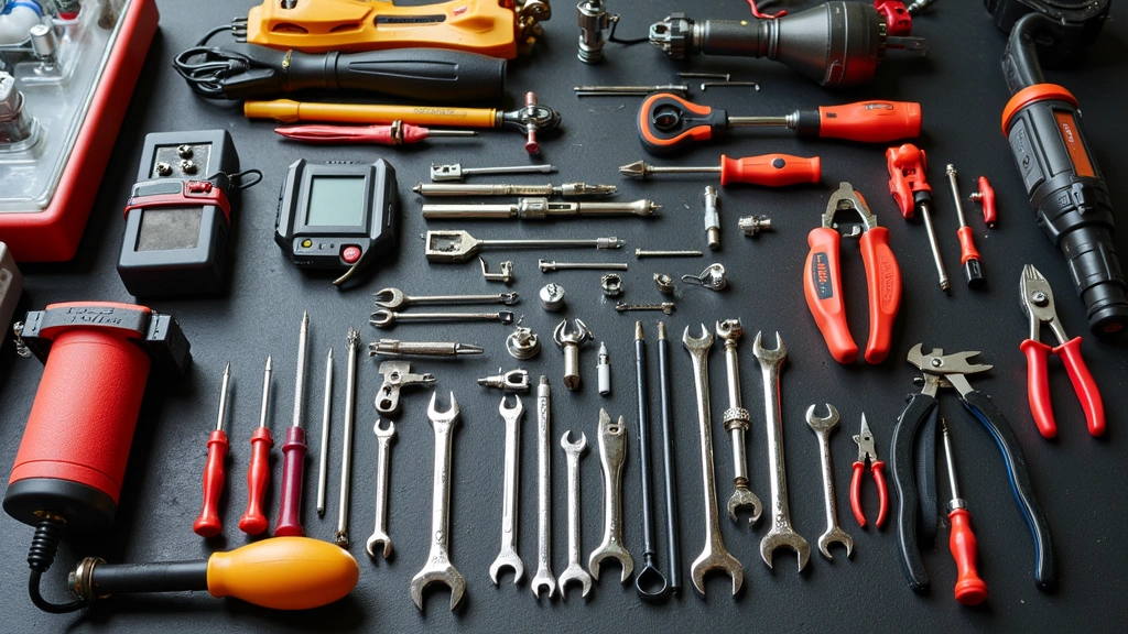 Complete appliance repair tech toolkit laid out including screwdrivers, wrenches, diagnostic equipment, safety gear, and specialized tools on workbench