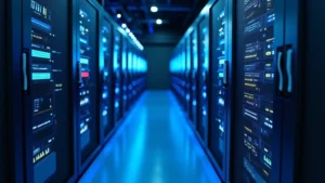 Professional data center with network servers and fiber optic cables illuminated in blue light, showing modern telecommunications infrastructure hardware