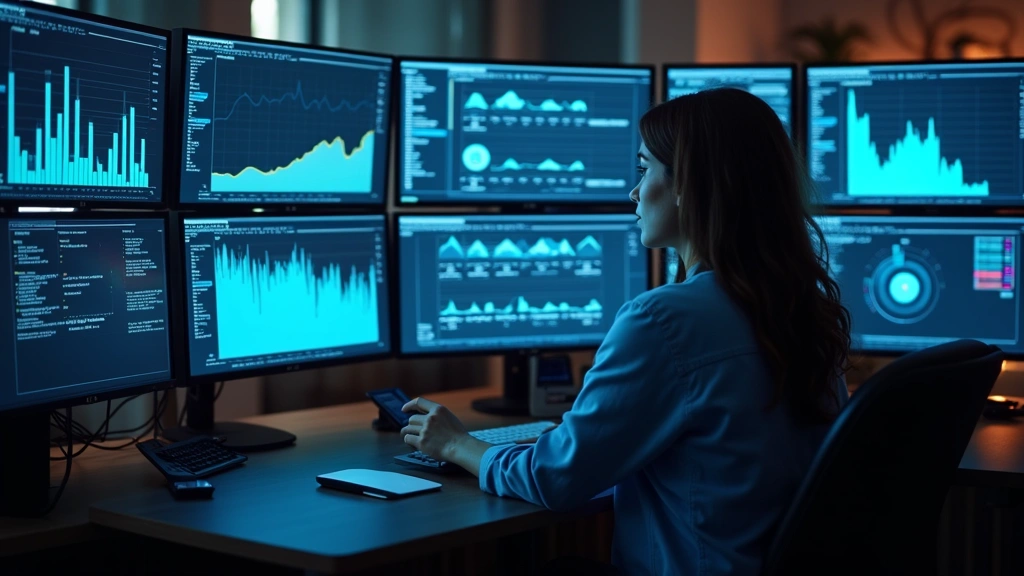 IT professional monitoring network dashboard with call analytics and real-time metrics displayed on multiple computer monitors in control room