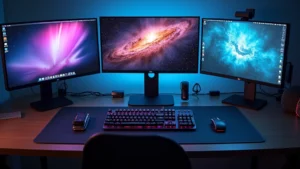 Professional workspace with multiple high-resolution monitors, mechanical keyboard, wireless mouse, and laptop dock showing contemporary tech setup