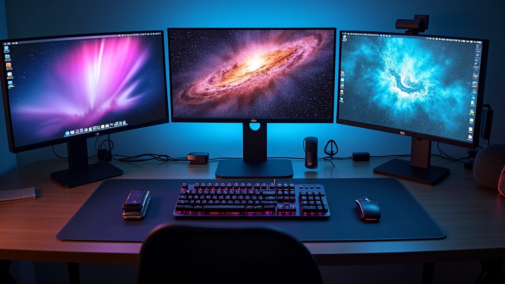 Professional workspace with multiple high-resolution monitors, mechanical keyboard, wireless mouse, and laptop dock showing contemporary tech setup