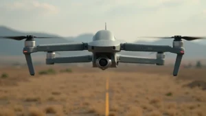 Advanced military drone hovering above terrain, high-tech sensors visible, professional military equipment photography style
