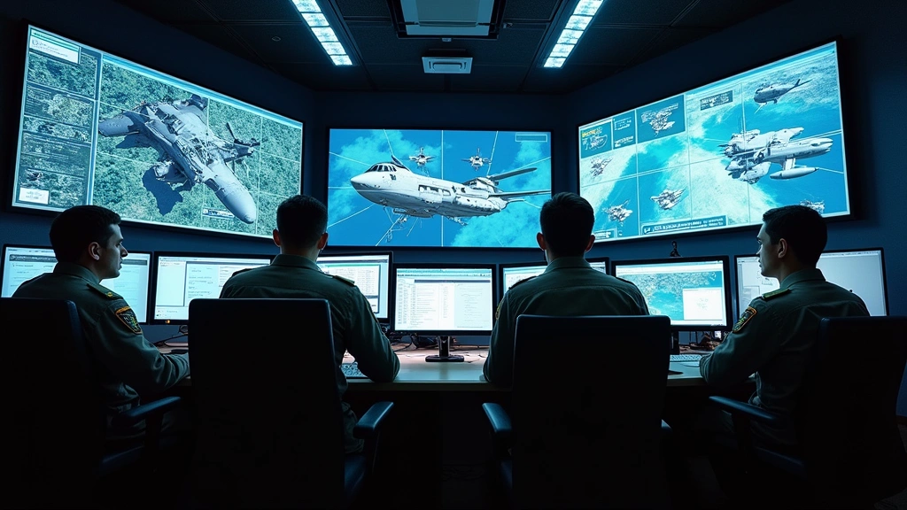 Military command center with multiple screens displaying tactical information, operators monitoring systems, professional facility lighting