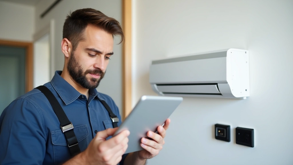 Professional HVAC technician in uniform holding tablet, examining white wall-mounted humidifier unit in modern home, natural lighting, focused expression, close-up on device display screen area without text visible