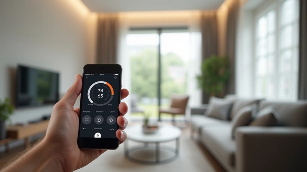 Hands holding smartphone displaying home automation app interface with smart thermostat controls, modern living room background blurred, WiFi symbols visible but no readable text, photorealistic