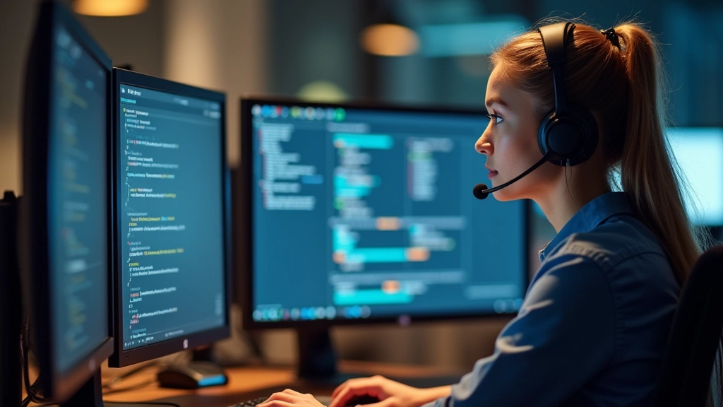 Customer service representative wearing headset at computer workstation with multiple monitors, reviewing technical documentation, professional office setting, warm lighting, focused concentration on screen content without readable details