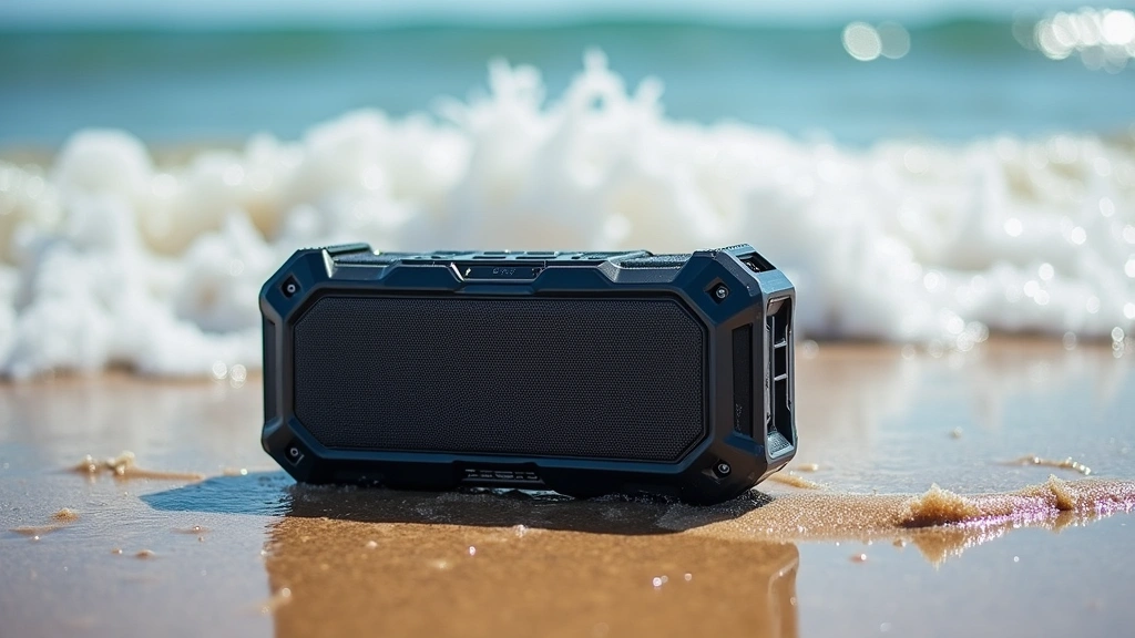 Rugged waterproof Bluetooth speaker sitting on wet beach sand with ocean waves in background, water droplets glistening on speaker surface, natural daylight