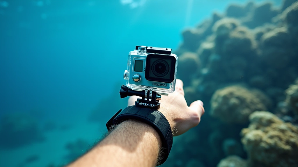 Action camera mounted on snorkeler's wrist underwater capturing coral reef scenery, vibrant blue water surrounding the device, professional underwater photography quality