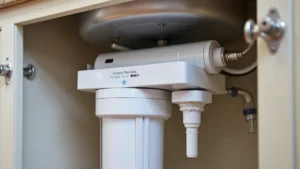 Modern white and chrome under-sink water filtration system with LED indicators and ergonomic filter cartridge handle, mounted in kitchen cabinet with stainless steel connections