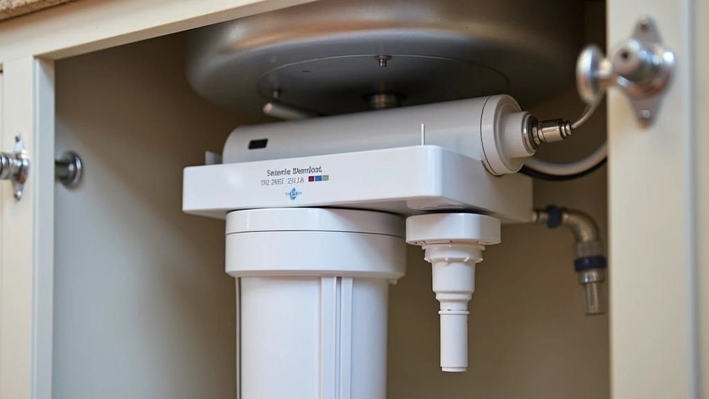 Modern white and chrome under-sink water filtration system with LED indicators and ergonomic filter cartridge handle, mounted in kitchen cabinet with stainless steel connections