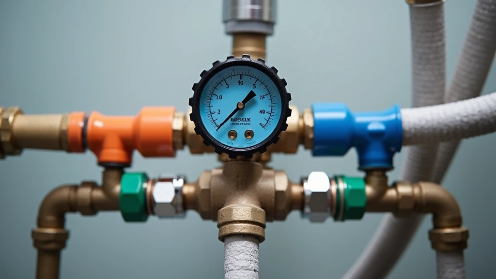 Close-up of color-coded quick-connect water line fittings and pressure gauge display showing system status, demonstrating intuitive design elements