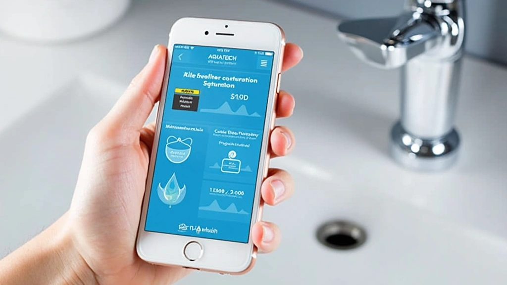 Smartphone displaying Aqua-Tech companion app interface with real-time filter saturation levels, water usage statistics, and maintenance alerts