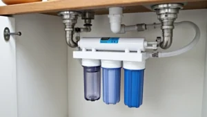 Professional under-sink water filter system with white housing and transparent cartridge chambers, mounted beneath kitchen sink with stainless steel fittings and clear tubing connections, showing multi-stage filter cartridges in different colors