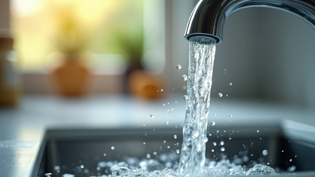Close-up of water droplets streaming from modern kitchen faucet with crystalline clarity, bright natural light creating prism effects through purified water, demonstrating water quality improvement