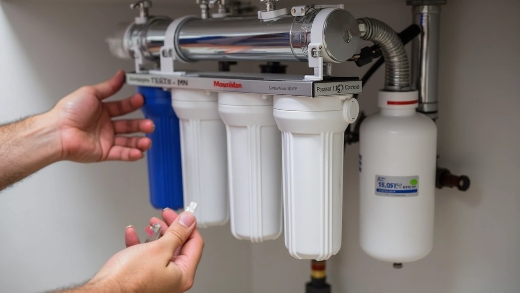 Technician hands installing replacement filter cartridges into under-sink filtration system, showing proper cartridge orientation and modular design, with various colored filter stages visible in background