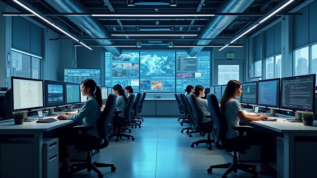 Modern university computer lab with rows of high-performance workstations, large monitors, professional lighting, students working at desks with ergonomic chairs, clean cable management, contemporary tech environment