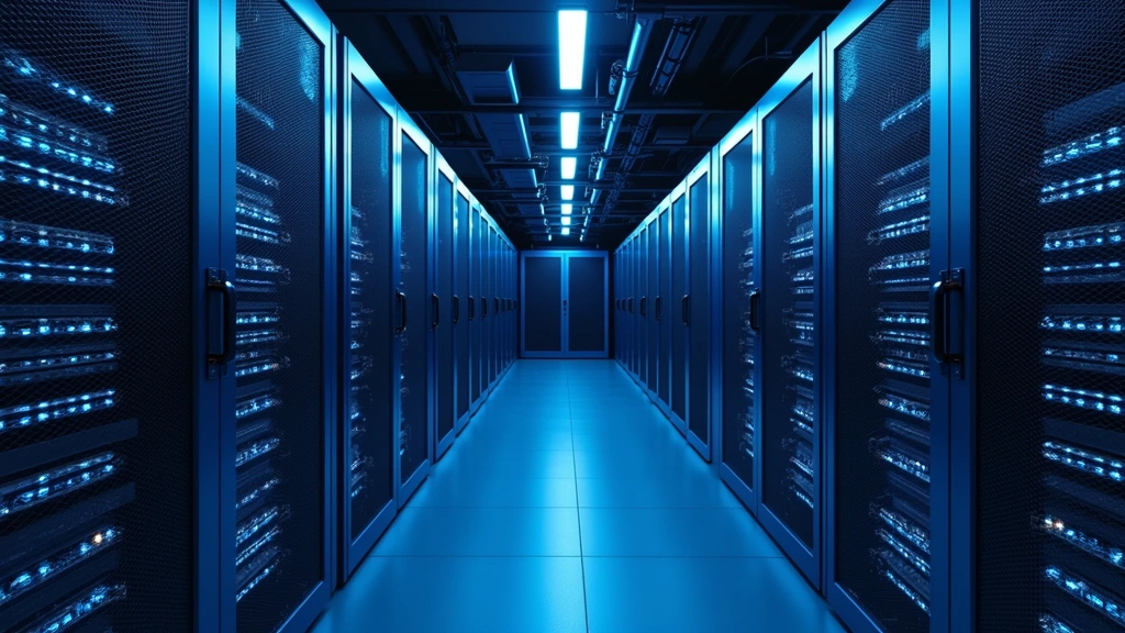 Data center server room with illuminated rack-mounted servers, blue LED indicators, fiber optic cables, professional cooling systems, secure access doors, enterprise-grade infrastructure visible