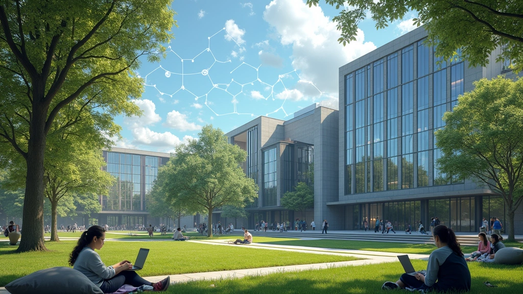 University campus outdoor quad with modern buildings featuring glass architecture, wireless network symbols floating above campus, students with laptops and tablets studying under trees, technology integrated into environment
