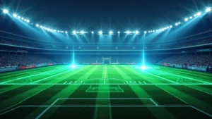 Professional football stadium with digital AR graphics overlaying player positions and heat maps in neon blue and green colors, modern broadcasting booth visible, realistic stadium lighting