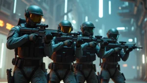Four diverse sci-fi soldiers in tactical gear aiming futuristic weapons in an alien industrial environment with glowing neon accents and technological structures