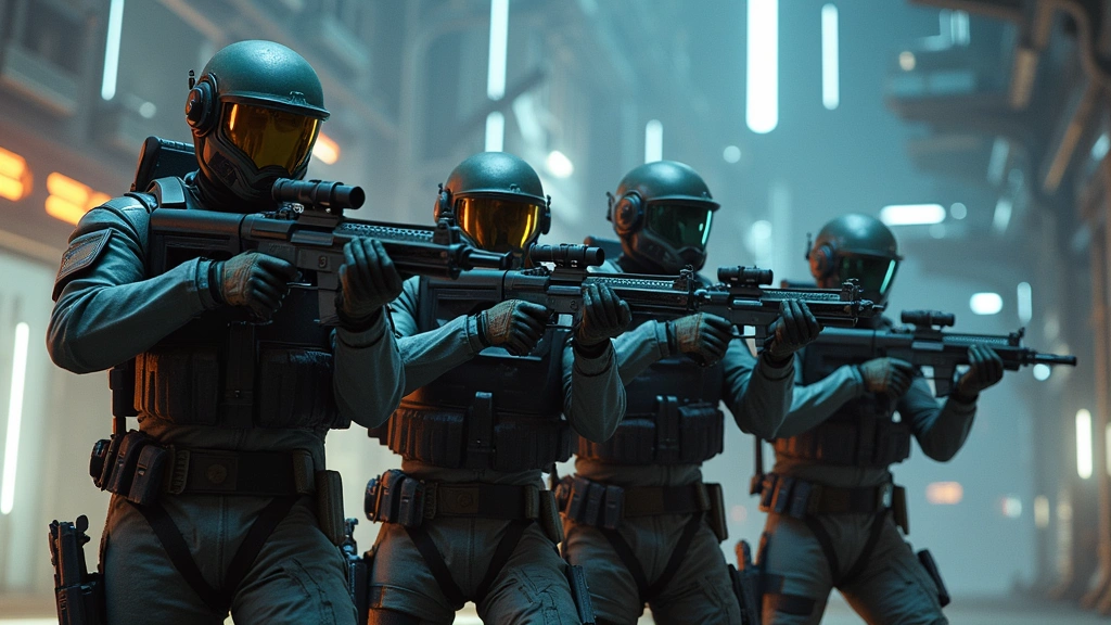 Four diverse sci-fi soldiers in tactical gear aiming futuristic weapons in an alien industrial environment with glowing neon accents and technological structures