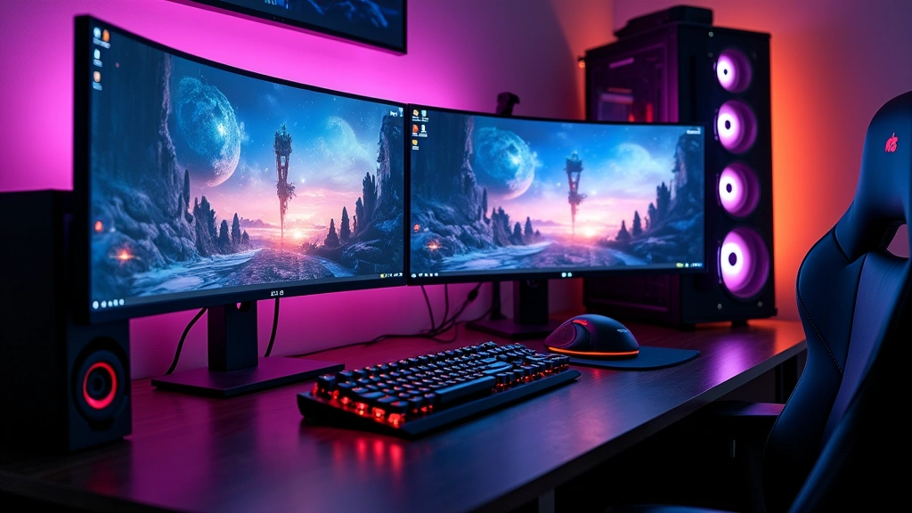 High-performance gaming PC setup with multiple monitors displaying colorful sci-fi game interface, RGB lighting, mechanical keyboard, professional gaming mouse on desk