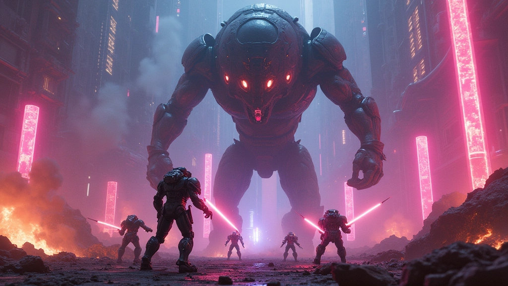 Squad of armored characters executing coordinated attack against massive alien creature in vibrant neon-lit sci-fi arena with explosive effects and energy barriers