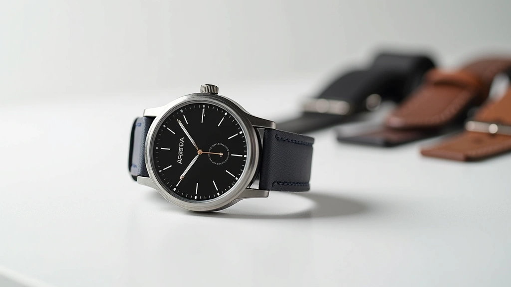 Areca Tech smartwatch with stainless steel case in silver finish, displayed on white surface with interchangeable silicone and leather bands arranged beside it, professional product photography