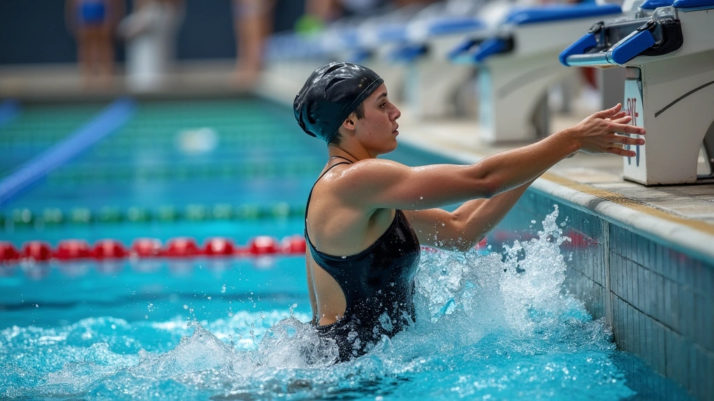 Elite competitive swimmer touching pool wall at race finish, wearing Arena tech suit, water droplets visible, competitive pool environment with lane dividers, action shot