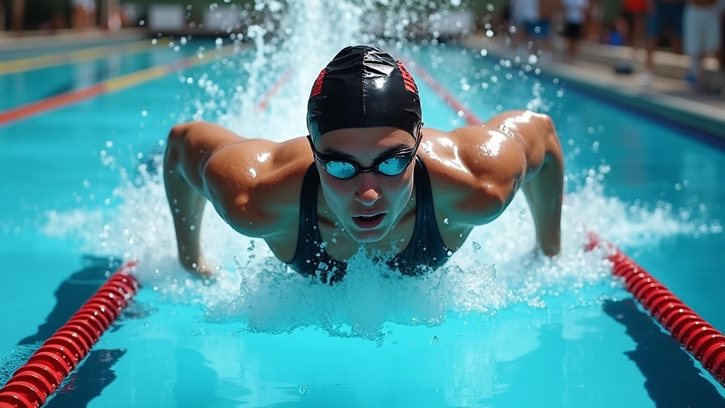 Professional swimmer in black and red Arena tech suit diving off starting block, water splashing, competitive pool environment, chlorine-clear water visible, muscular athlete in mid-dive, photorealistic detail