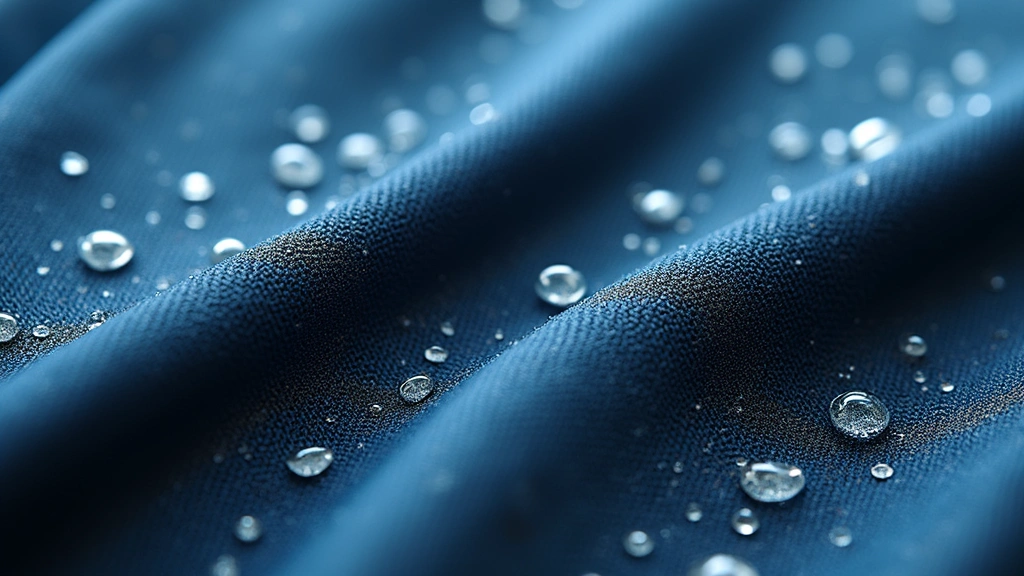 Close-up of premium swim suit fabric texture showing weave pattern and compression zones, water droplets beading on surface, technical fabric construction visible, macro photography of material properties