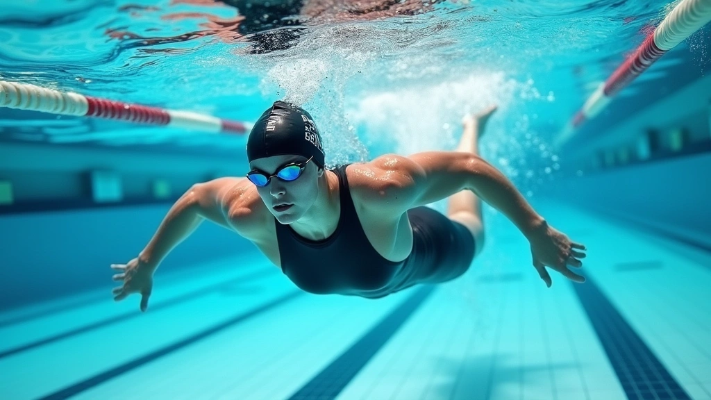 Elite competitive swimmer mid-race in Arena tech suit, underwater view showing body position and compression support, pool lane markers visible, water clarity showing athletic form and suit fit