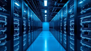 Sleek modern supercomputer data center with blue LED lights and liquid cooling tubes running through server racks, professional technical environment