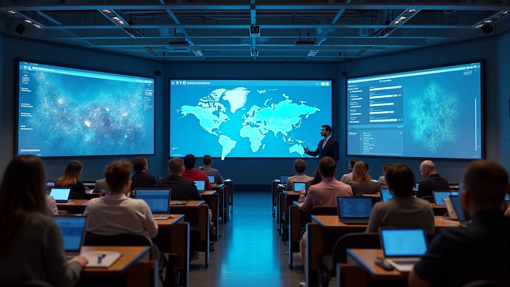 Modern university lecture hall with 4K projection system, interactive touchscreen display panels, professional lighting, and rows of seats with students using laptops, photorealistic, daytime professional setting