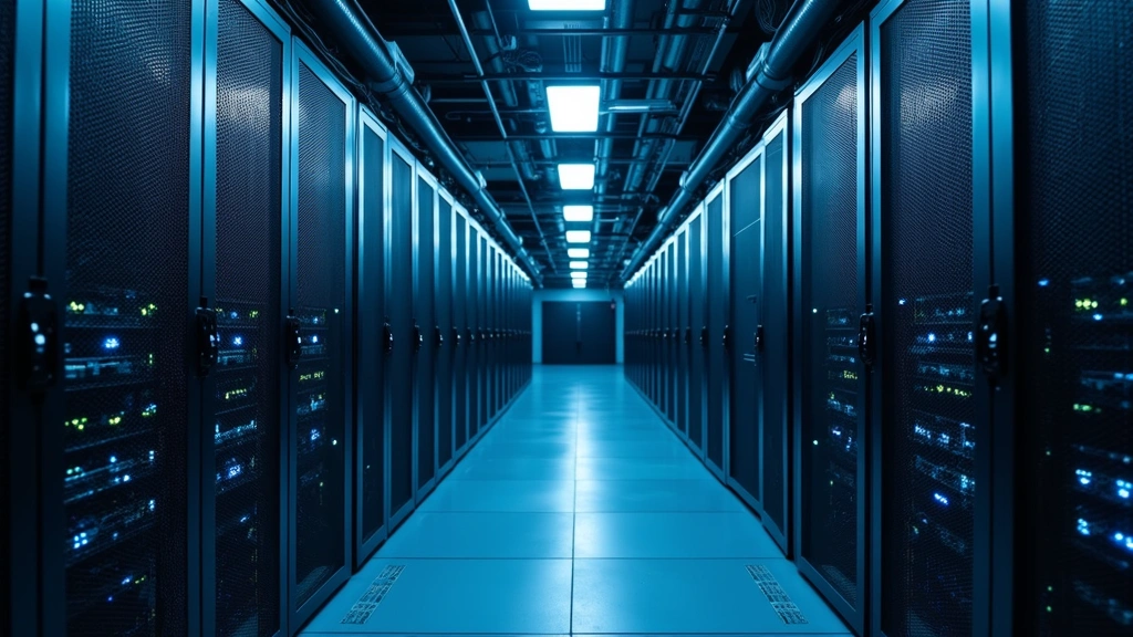 High-performance computing server room with rows of tower systems, fiber optic cables, blue LED indicators, climate control vents, professional data center environment, no visible text or logos