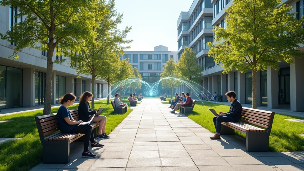 University campus outdoor area with students using laptops and tablets on benches, Wi-Fi coverage visualization as subtle light waves, green landscaping and modern buildings, bright daytime setting, photorealistic