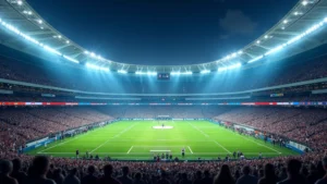 Professional football stadium packed with spectators under bright stadium lights, wide-angle shot showing field and crowd energy, vibrant game day atmosphere with team colors visible
