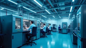 Modern semiconductor fabrication facility interior with advanced manufacturing equipment, clean room environment, blue and white lighting, technicians in protective gear working with precision machinery