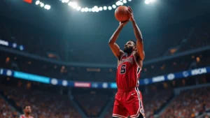 Professional basketball player executing three-point shot with perfect form, arena lighting, dynamic motion capture during game action, photorealistic athletic performance