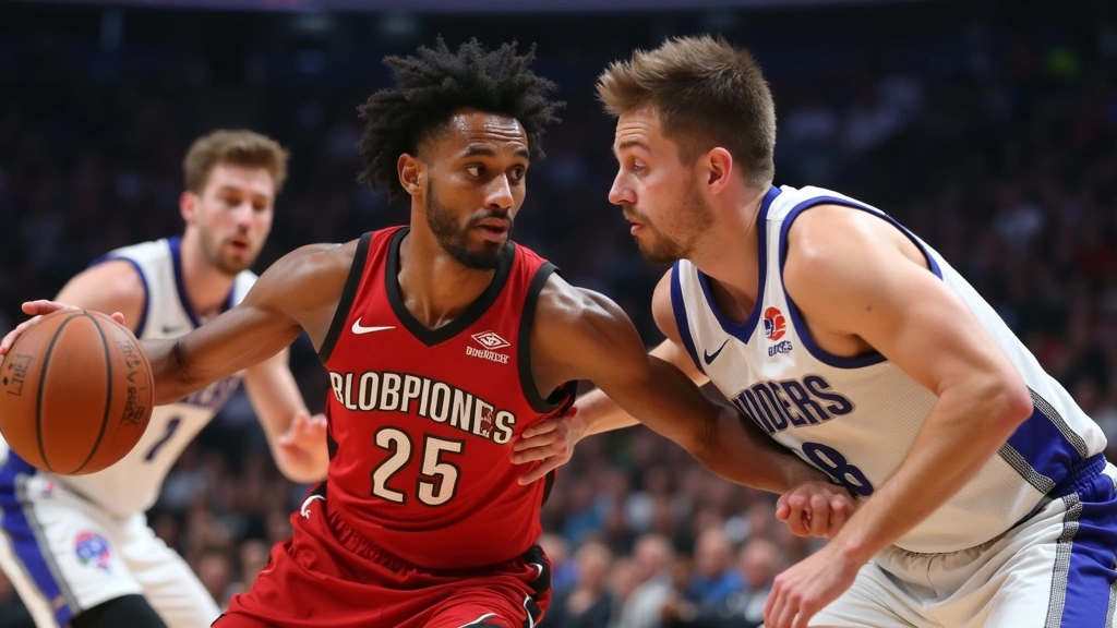 Defensive basketball players demonstrating intense pressure defense, physical positioning, length and athleticism on display, game-action photography with crowd blur background