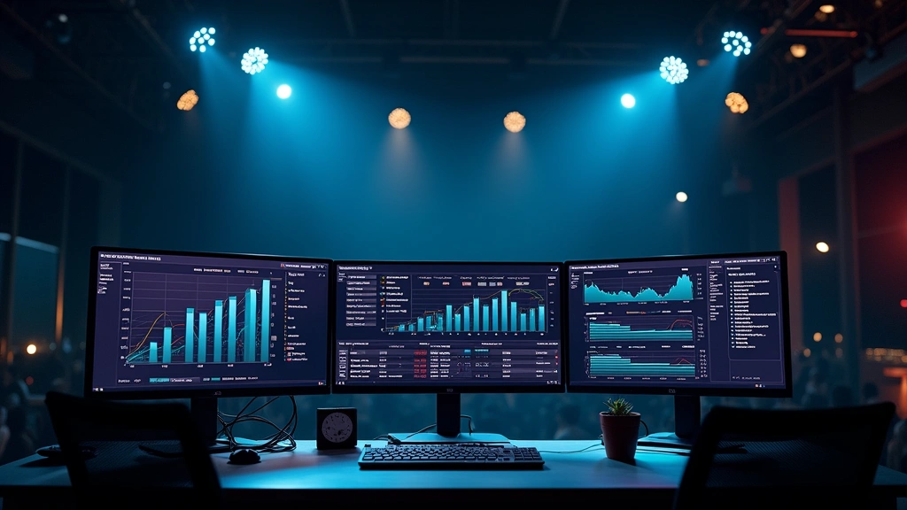 Advanced sports analytics dashboard displaying real-time statistics, efficiency metrics, player performance data, and predictive analytics on multiple monitor setup with professional lighting