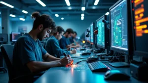 Modern university engineering laboratory with students working on circuit boards and microcontroller projects, bright LED indicators, soldering stations, multiple workstations with computers