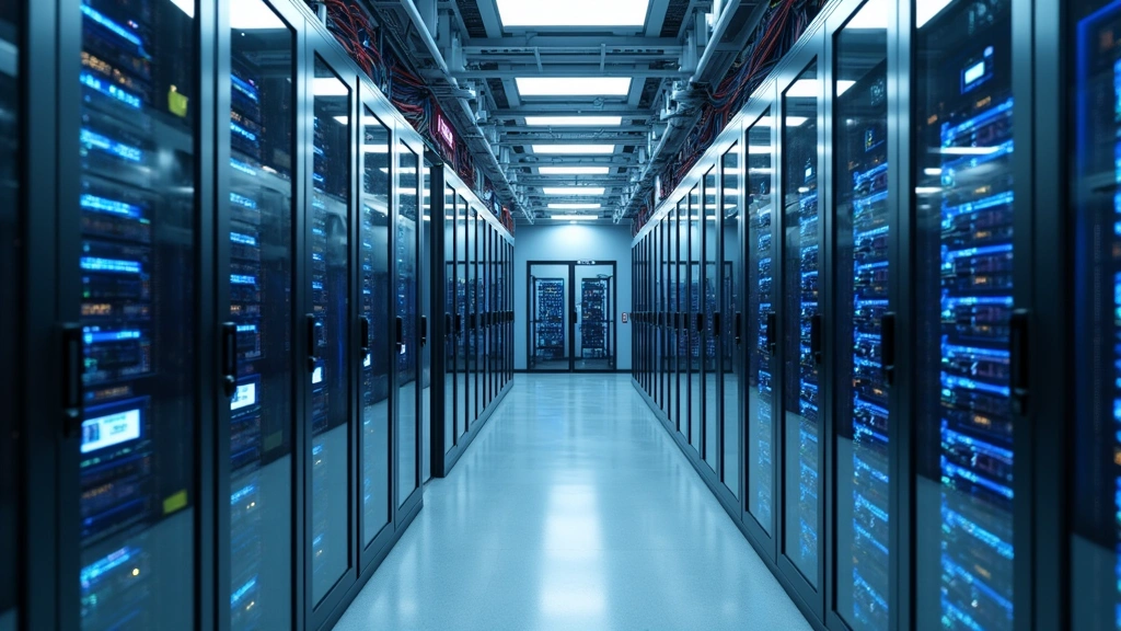 High-tech research facility interior showing advanced computing equipment, fiber optic cables, server racks, professional laboratory environment with clean modern design