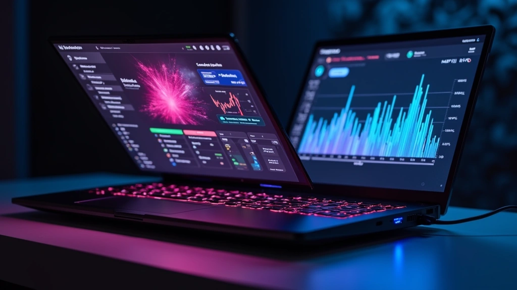 High-performance gaming laptop displaying colorful dashboard with system metrics, RGB lighting, premium build quality, angled perspective showing port connectivity and thermal vents, professional photography studio lighting