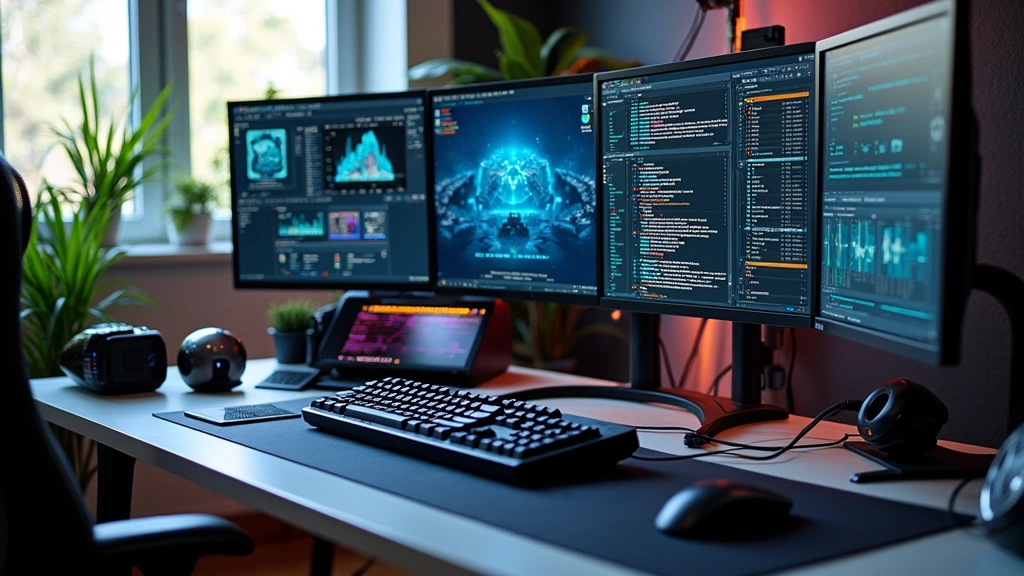 Tech workstation with multiple monitors, mechanical keyboard, professional peripherals, modern cable management, clean desktop environment, natural window lighting, tech-forward but organized workspace aesthetic