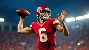Professional football quarterback in motion mid-throw, wearing crimson uniform, stadium lights background, dynamic action shot, athletic form visible
