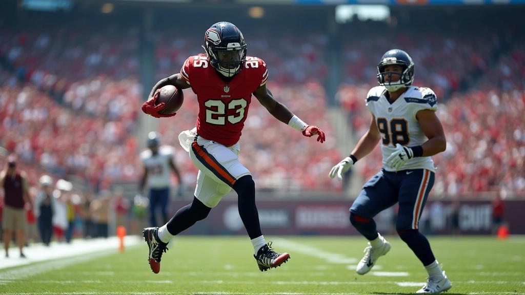 Wide receiver making spectacular catch in traffic, contested ball situation, defensive back nearby, mid-air athletic display, professional stadium setting