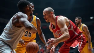 Professional basketball game action shot showing intense defensive pressure with players in athletic stance, sweat visible, arena lighting dramatic, no visible faces or identifying marks, dynamic movement blur