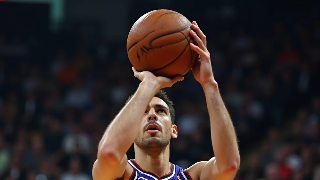 Close-up of basketball player mid-three-point release form, elevated shooting form against blurred arena background, hands in perfect shooting motion, ball trajectory visible, neutral court setting